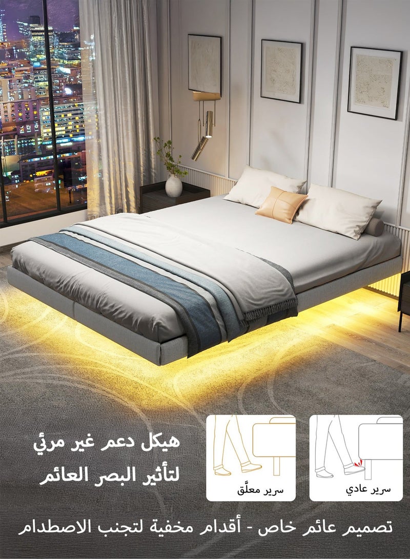 يانارا هيكل سرير معلق بإطار محيط مبطّن وإضاءة LED، منصة سرير معدنية (مقاسات: توين/كوين/كينغ) مع تخزين تحت السرير، مدعوم بدعامات فولاذية ثقيلة، لا حاجة لسرير نابضي، تصميم مقاوم للضوضاء، تركيب سهل، باللون الرمادي - Image 4